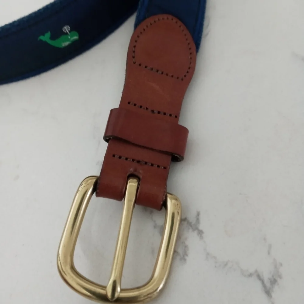 Leatherman Handmade Top Grain Brown leather Navy blue canvas Emb. Whale Belt 40
